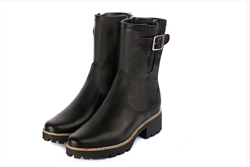 Satin black women's booties, with buckles on the sides. Round toe. Low rubber soles - Florence KOOIJMAN